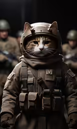 a cat dressed in a military uniform with other soldiers