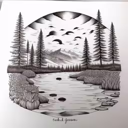 an artistic black and white picture of a landscape with mountains, trees, and a river in the middle,a drawing of trees and mountains in the background,some trees are next to a lake with birds flying over it,a drawing of a river in the forest with birds flying above,the landscape was drawn with ink and is outlined in black on white