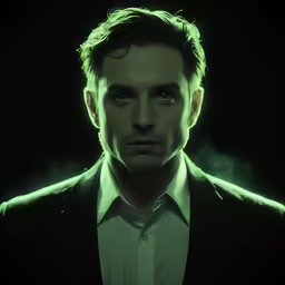 a man in a suit looks to his left