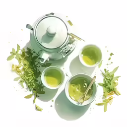 bowls of green liquid in front of a teapot and a tea cup on a white surface