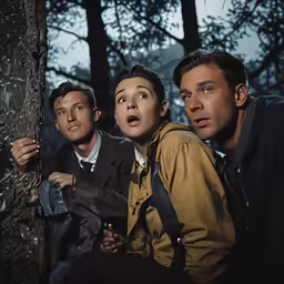 three men posing for a group portrait in front of a tree