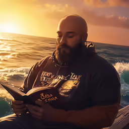 there is a man with a beard reading a book by the ocean