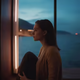 a woman sitting by a window looking out to sea