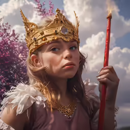 a little girl holding a candle and wearing a tiara