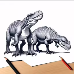 a drawing of two dinosaurs on top of a table,a pencil drawing of two dinosaurs standing in the middle of an art piece,the dinosaurs are standing next to each other,two dinosaurs are standing next to each other,two gray and white dinosaurs with long necks
