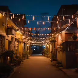 a narrow street with hanging lights and potted plants