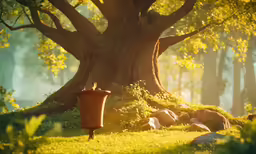 the large tree has a barrel in the ground next to it