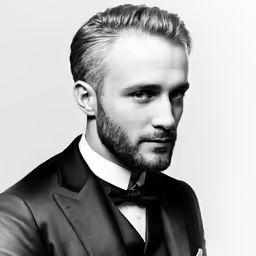 black and white image of a young man wearing a tux