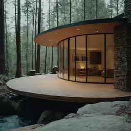 a round wooden table in front of a forest view