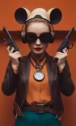 a woman in sunglasses and mickey mouse ears holds guns