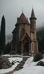 a very old and ornate building in a snowy area