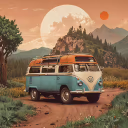 an old vw bus with two surfboards attached,an old vw bus sitting in a field with mountains