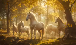 a group of horses standing in a forest