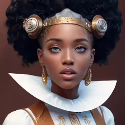 a young woman with black afro is wearing large gold earrings and hair styled up in curls