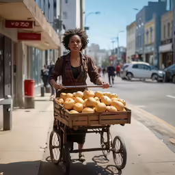 the woman is pulling a wagon with huge bags of food