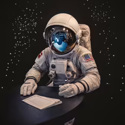 an astronaut with glasses on top of a table