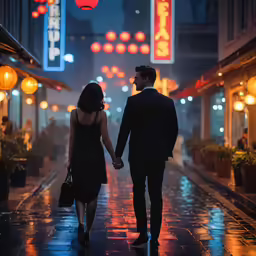man and woman holding hands in the rain