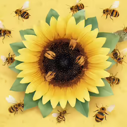 a sunflower and some bees on the yellow wall
