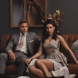 two people posing for a picture on a brown couch