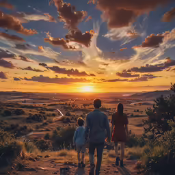 two adults and a child walk up a hill into the sunset
