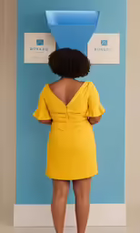 a woman with short black hair standing back to back, in front of a blue wall and a blue planter with white lettering