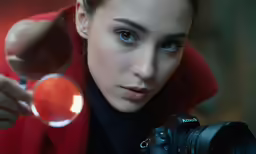 a woman in red jacket holding a camera and looking through a magnifying glass