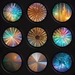 nine round colorful lights on a dark background