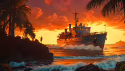 there is a large boat that is traveling in the ocean,the ships are sailing in the ocean during a beautiful sunset