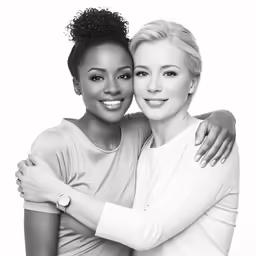 two women embracing each other on the white background