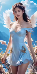 a beautiful woman dressed in blue with angel wings on her head