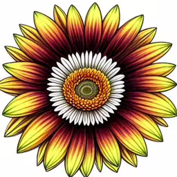 the bottom half of a large sunflower,a flower with a brown center is depicted,a colorful flower with leaves and petals in the center,the large flower is orange, yellow and red,sunflower with white petals on the center