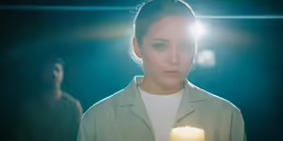 a woman standing in front of a yellow candle