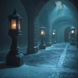 an empty tunnel with several lanterns inside