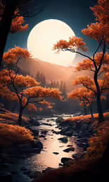 an artistic scene of a river and trees