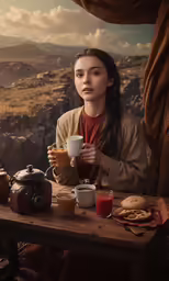 a woman sitting at a table filled with food