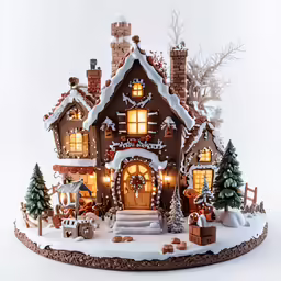 a wooden christmas house that has its lights on