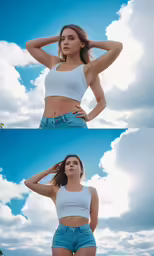 two photoshopped of a woman wearing white tank top and denim shorts