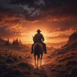 cowboy on horseback riding to the sunrise in the country