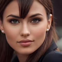 a young woman with dark brown hair and blue eyes, is looking at the camera