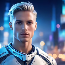 a man with blond hair wearing a space suit