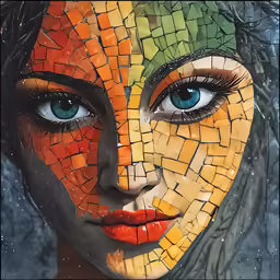 a painting of a woman with colorful face and head pieces