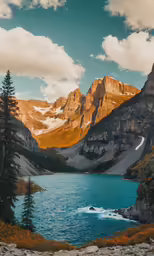 mountains surround a lake, the sky has clouds