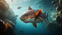 a close up of a fish in the water with bubbles of sun light