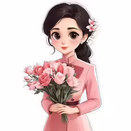 a person holding a bouquet of flowers with a sticker