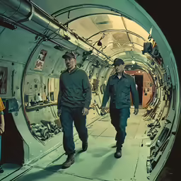 two men are walking inside an oval looking metal object