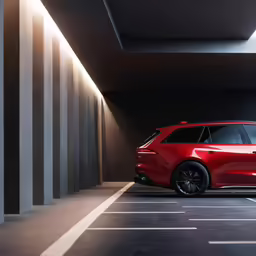an image of a red, elegant minivan parked in a parking garage