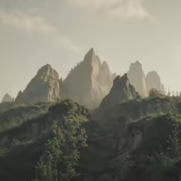 the mountains are near a group of large rocks