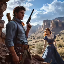an actors holds a gun and watches another in the background
