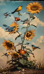birds sitting on top of a flower surrounded by sunflowers