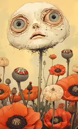 an illustration of a creepy head in the middle of flowers